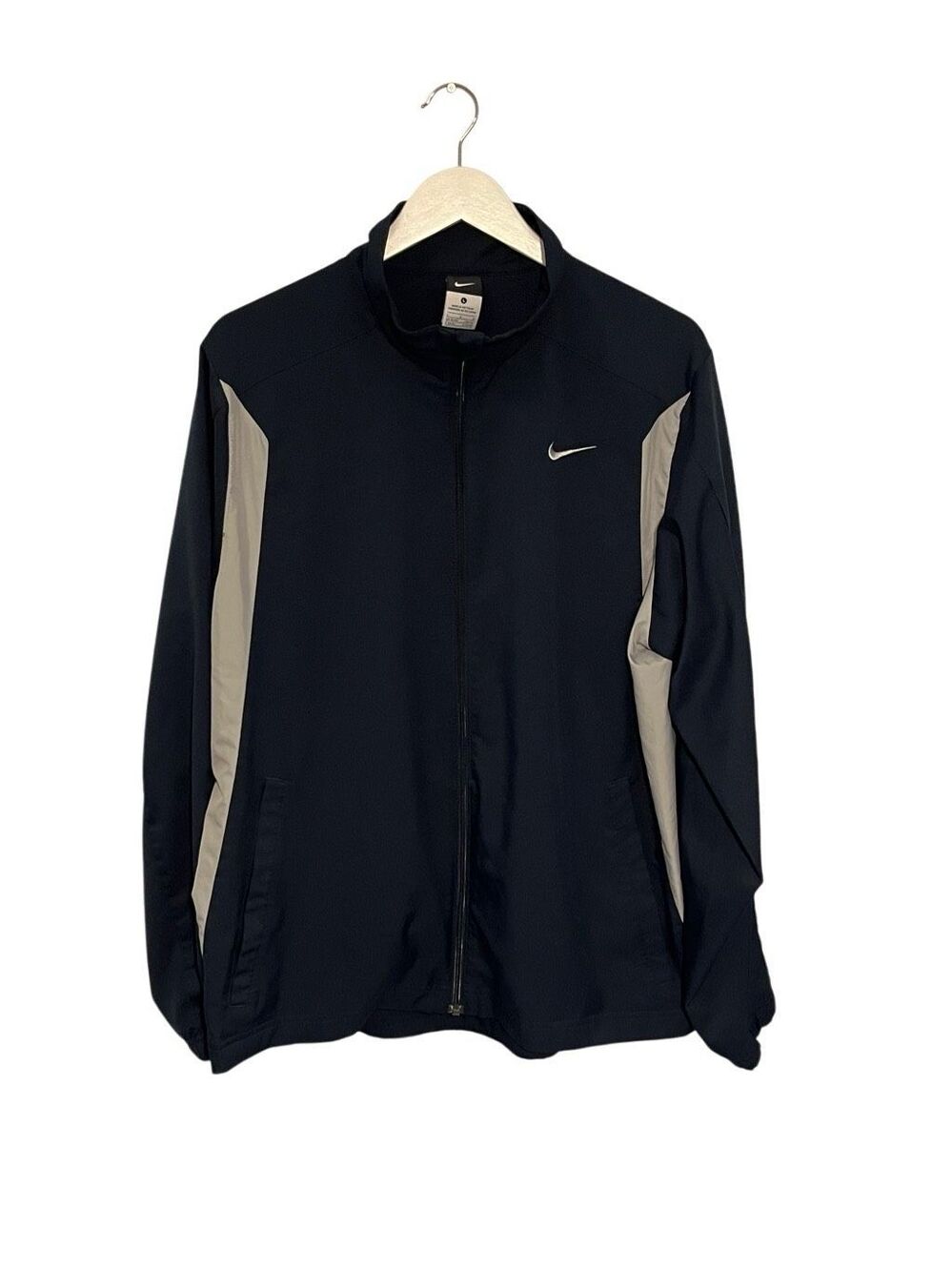 Nike navy blue windbreaker full zip jacket with gray stripe detail - L